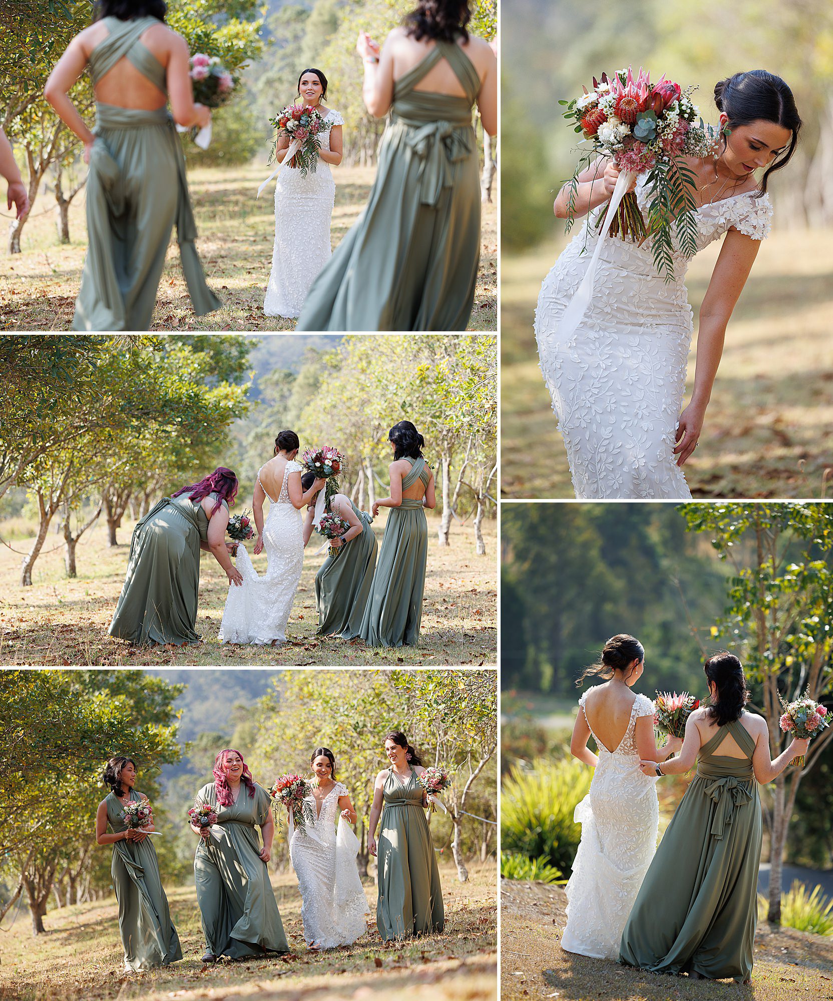 Bride getting ready on her wedding day in Canungra Valley among a grove of trees