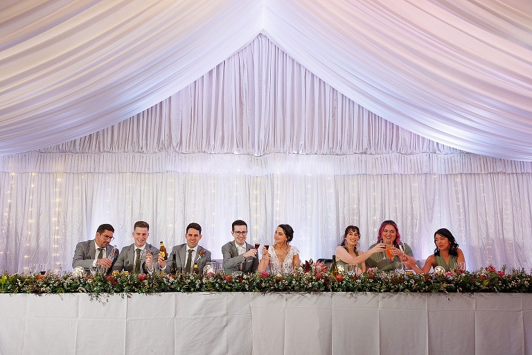 O'reilly's canungra valley vineyard wedding set up in marquee tent with wedding party doing a toast