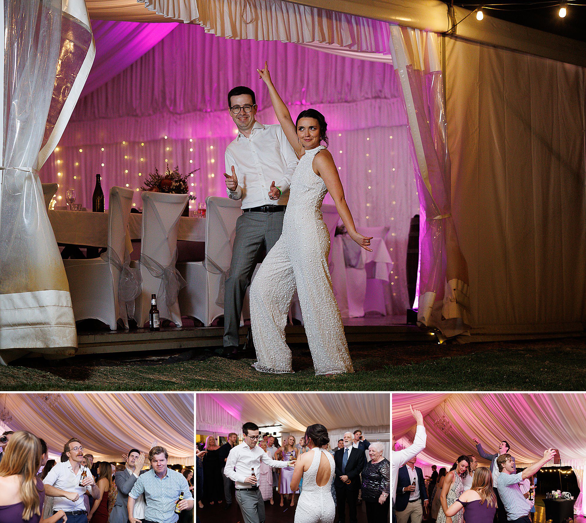 O'reilly's canungra valley vineyard wedding set up in marquee tent with guests and bride and groom dancing at reception